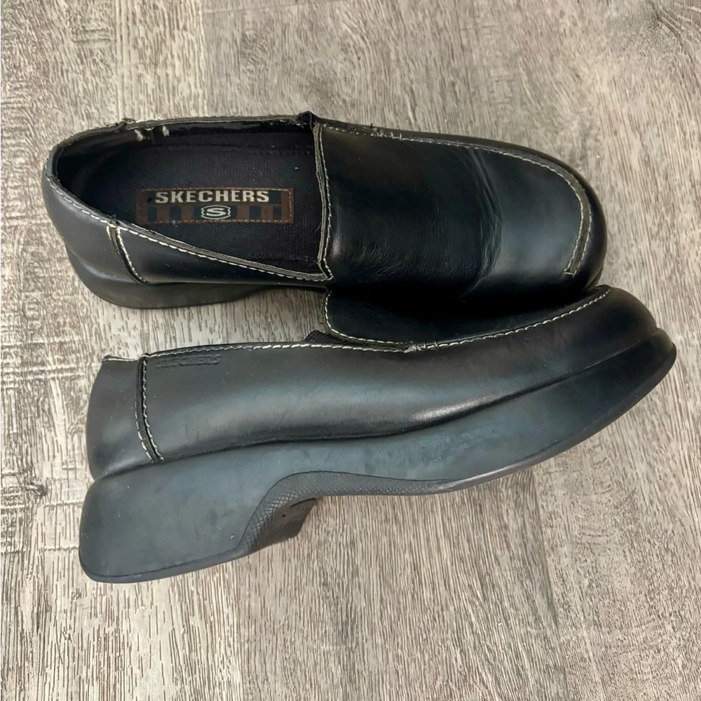 Vintage Y2K Sketchers Chunky Heel  Shoes Black Leather 7.5
